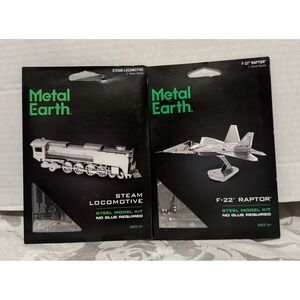 Set of (1)Metal Earth F-22 Raptor & (1)Steam Locomotive Steel Model DIY Kits